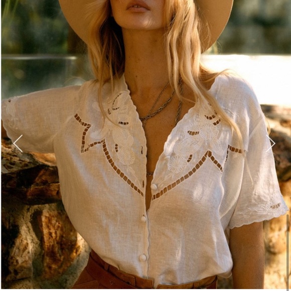 C Unicorn not alone anymore linen cut work white short sleeve embroidered blouse - Picture 3 of 10